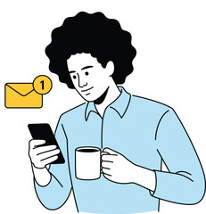 Man Checking Smartphone with New Message Notification Vector, Modern Young Adult Holding Coffee Cup Reading Email on Mobile Phone, Daily Communication, Digital Lifestyle, Work from Home, Online Chat