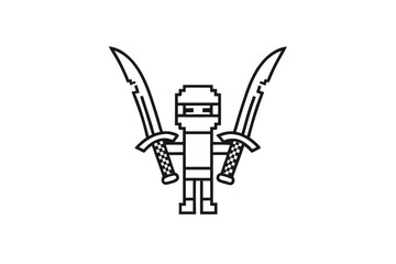Pixel Art Ninja Warrior with Katana Swords Raised on White Background