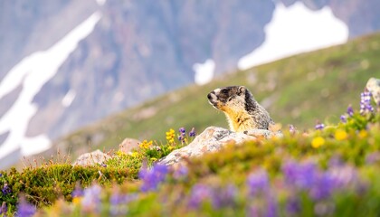 Mountain marmot on alpine meadow