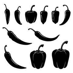Set of various black pepper silhouettes. Vector illustration icons of chili, paprika, and bell peppers