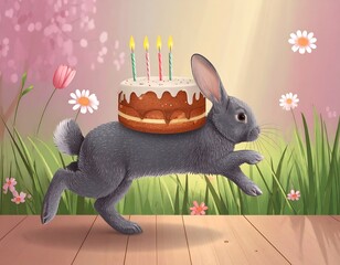 A gray bunny carries a birthday cake through a spring garden