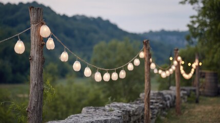 Naklejka premium String Lights Hanging On Wooden Posts In A Scenic Outdoor Setting. Rustic Charm And Ambient Lighting For Outdoor Events