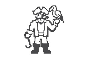 Pixel Art Pirate Captain with Hook Hand and Parrot on White Background