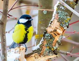 A great tit perched on a snowy branch