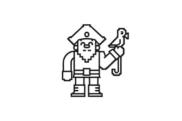 Pixel Art Pirate with Parrot in Outline Style and with White Background
