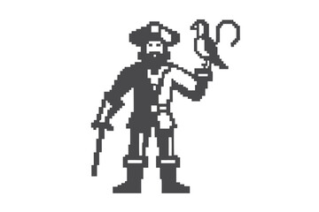 Pixel Art Pirate with Parrot on Hand, Retro Game Style,