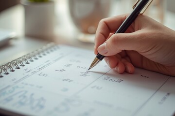 A close-up image of hand writing notes on planner with pen, soft lighting and calm workspace ambiance