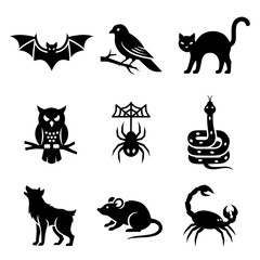 Halloween Animals Icons Set, Black Silhouette of Bat, Cat, Raven, Spider, Snake