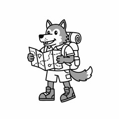 Smiling cartoon wolf adventurer with backpack studies map for exciting journey