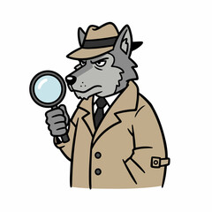 Cartoon wolf detective with magnifying glass investigating clues diligently