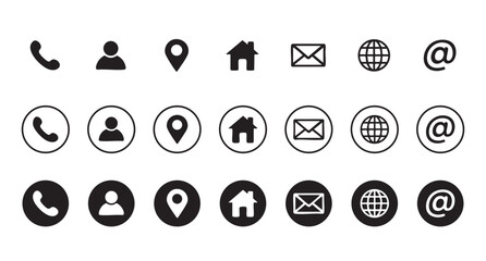 Profile and contact icons – email, call, gps, globe, user, house, smartphone – outline and filled minimal design set