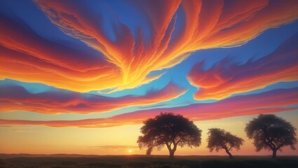 Obraz premium Vivid sunset sky with colorful clouds and silhouettes of trees on the horizon.