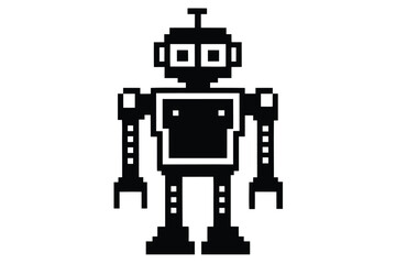 Pixel Art Robot in White Background, Retro Game Style Icon