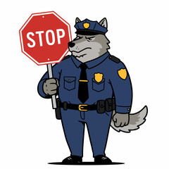 Serious cartoon wolf police officer holding a stop sign, enforcing rules
