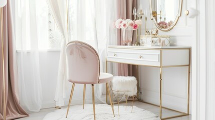 Elegant White Vanity Desk with Pink Flower Arrangement and Gold Accents in Bright Natural Light