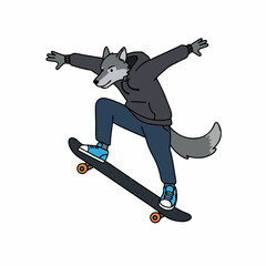 Cool wolf character in hoodie rides skateboard with dynamic action pose © NurAiniDewi