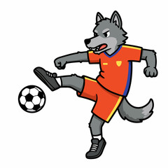 Dynamic cartoon wolf scores goal with soccer ball in action pose