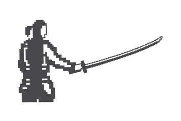 Pixel Art Samurai with Katana in Action, 8bit Style Warrior, White Background