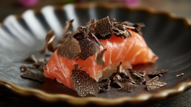 A salmon sushi black truffle rice gourmet luxury fresh japanese cuisine seafood delicacy elegant black plate, fine dining fusion appetizer with rich flavor, exclusive culinary indulgence