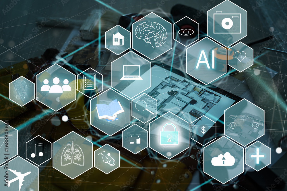 Poster ai, artificial intelligence, machine learning, neural networks and modern technologies concepts. iot