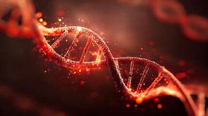 Abstract DNA helix in vibrant red tones surrounded by glowing particles, representing genetic awareness for Duchenne muscular dystrophy