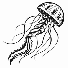 Stylized black and white jellyfish illustration with flowing tentacles