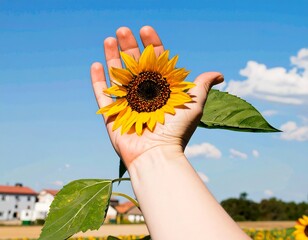 A hand holds a sunflower against a vibrant blue sky