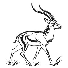 Stylized gazelle silhouette walking in tall grass black and white