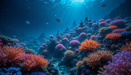Fototapeta premium Vibrant Coral Reef with Exotic Marine Life in Blue Ocean