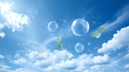 Crisp blue sky with transparent floating air icons symbolizing clarity, freshness and environmental care