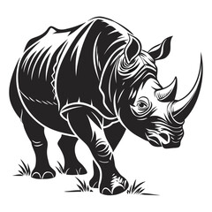 Fototapeta premium Black and white illustration of a rhinoceros walking in grass