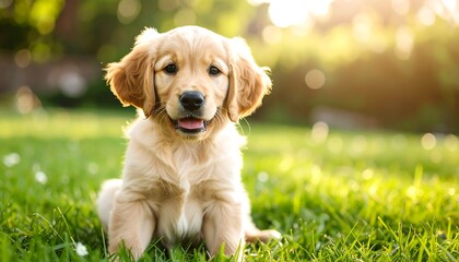 happy golden retriever puppy sitting in green grass sunlight