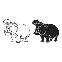 Detailed Hippo Silhouette & Hippo Lineart – Vector Graphic with Strong Definition – Hippo Illustration – Silhouette and Lineart Set of Hippo