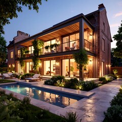 Obraz premium Luxury home with pool at dusk