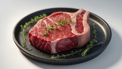 Raw steak on a black plate garnished with herbs and spices.