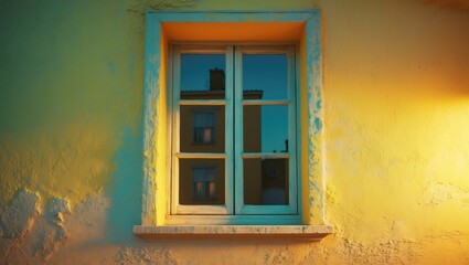 Fototapeta premium Colorful window with yellow, green, and blue tones on a textured wall, featuring reflections of neighboring buildings and a clear sky.