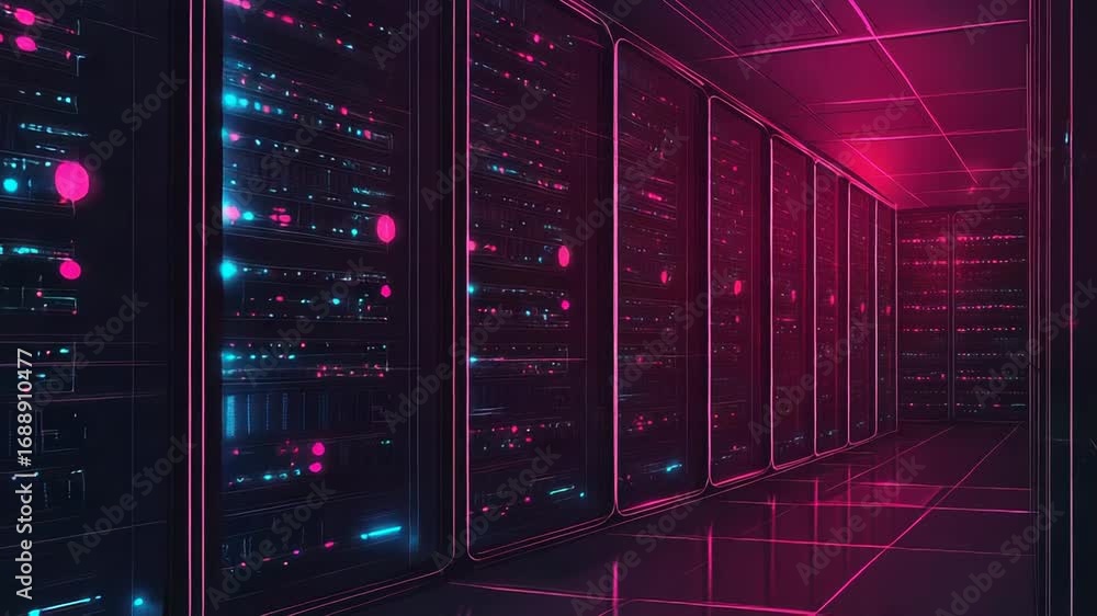 Poster server room hosting big data with futuristic visual effects in neon colors