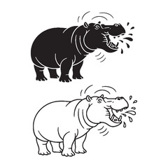Classic Hippo Silhouette & Hippo Lineart – Vector Artwork Showing Traditional Animal Shape – Black Vector of Hippo – Vector Set of Hippo