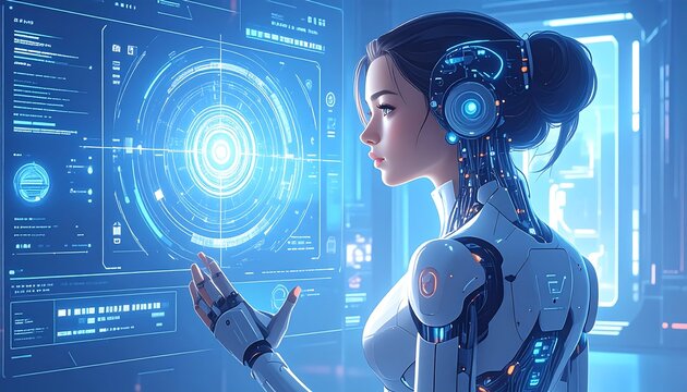Futuristic woman interacting with glowing screens