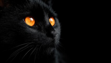 Close-up portrait of a black cat, showcasing intense orange eyes against a stark black background.
