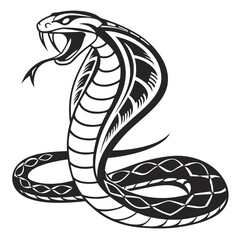 Stylized black cobra snake illustration with open mouth and forked tongue
