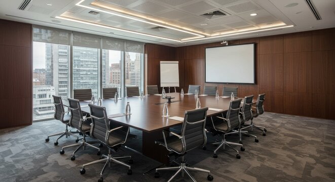Conference room with long table chairs whiteboard and projector screen in modern office.