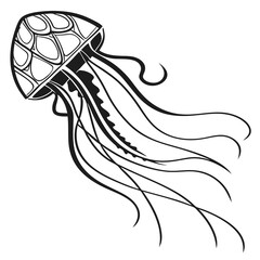 Stylized black and white jellyfish illustration with flowing tentacles