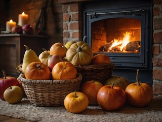 Pumpkins and apples warming by the fireplace on an autumn evening