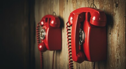 Two red rotary dial telephones hang on a wooden wall in dim light.