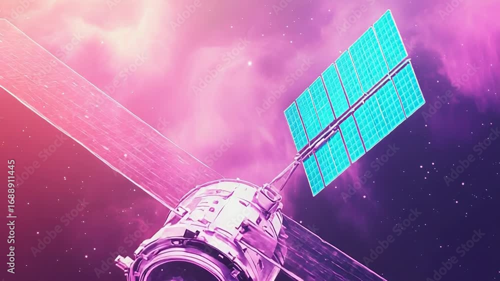 Poster spacecraft floating in colorful nebula with solar panels generating power