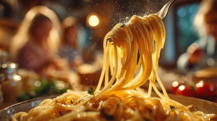 Pasta Paradise: Close-up captures a fork lifting a swirl of freshly cooked spaghetti, a culinary delight, amidst a warm and inviting gathering with family, representing the heart of home.