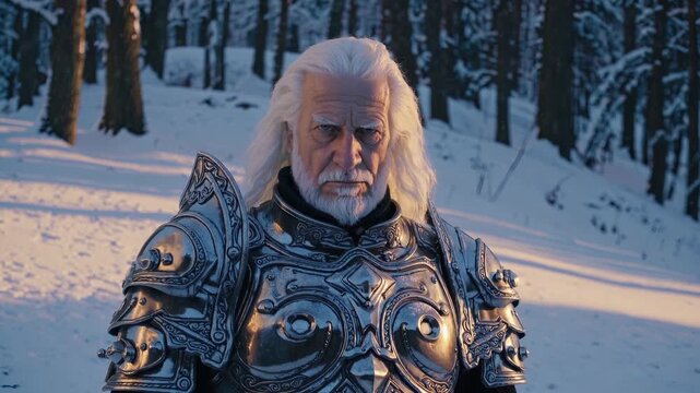 Elder knight stands in forest covered with snow. Armor plate catches cold light. Medieval warrior shows weathered beard and old face. Portrait view highlights man presence and stern stoic expression.
