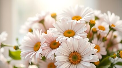 Fototapeta premium Fresh daisy bouquet bathed in soft sunlight, showcasing delicate pastel petals.