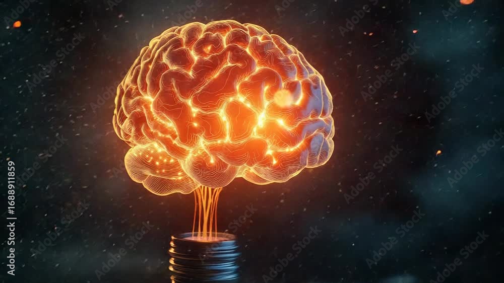Aufkleber glowing brain connected to lightbulb socket symbolizing innovation